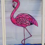 "Flamingo"
Price (USD): $140
Shipping: $85.00
TOTAL: $225.00
Status: Available
Approx. Size: 22.5"w x 31"h
Media: Faux Stained Glass Paint
NOTES: This piece has been weatherproofed so it can be displayed outside in the elements.